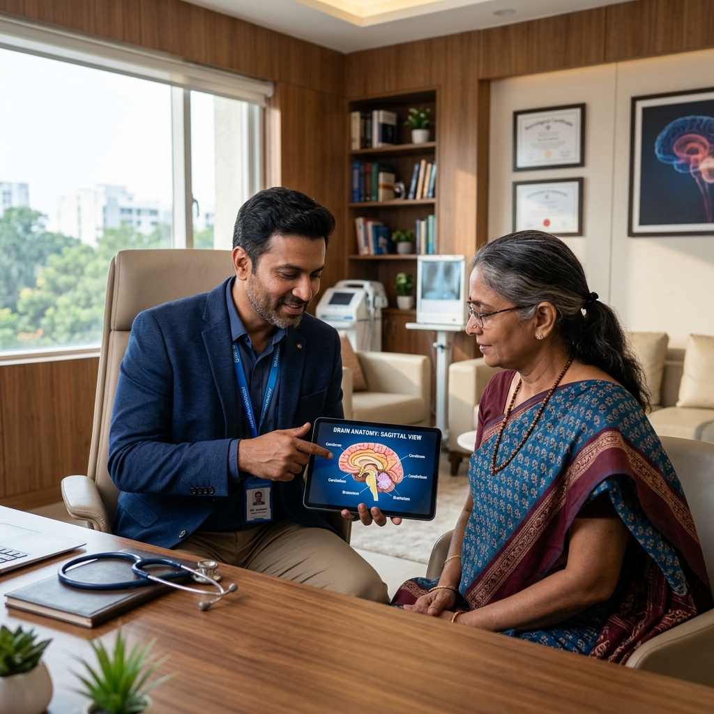 Indian male neurologist showing diagnostic data to patient